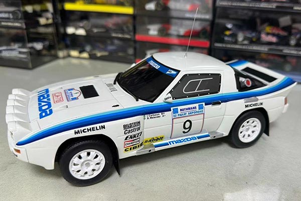 1985 Mazda RX-7 Resin Racing Car Model 1:18 Scale White-Blue